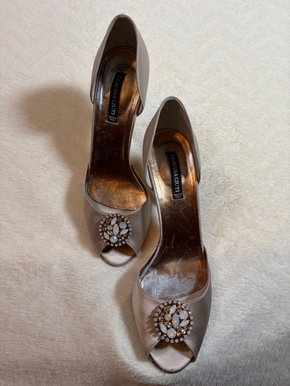 Claudia Ciuti Champagne Satin Peep-Toe Heels with Crystal‎ Brooch